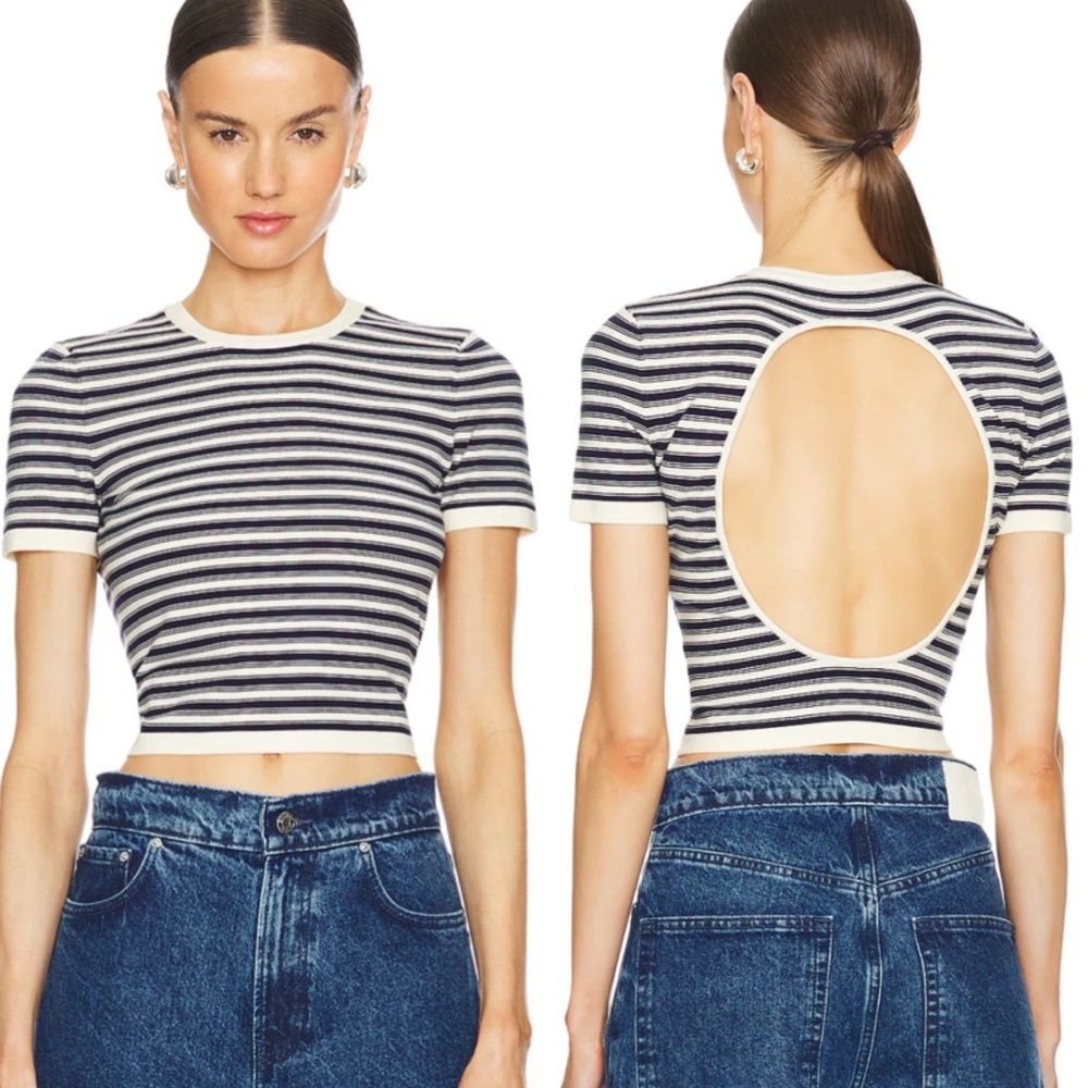 Revolve GRLFRND Ava Stretchy Open Back Striped Crop Top Navy & Ivory Size Medium